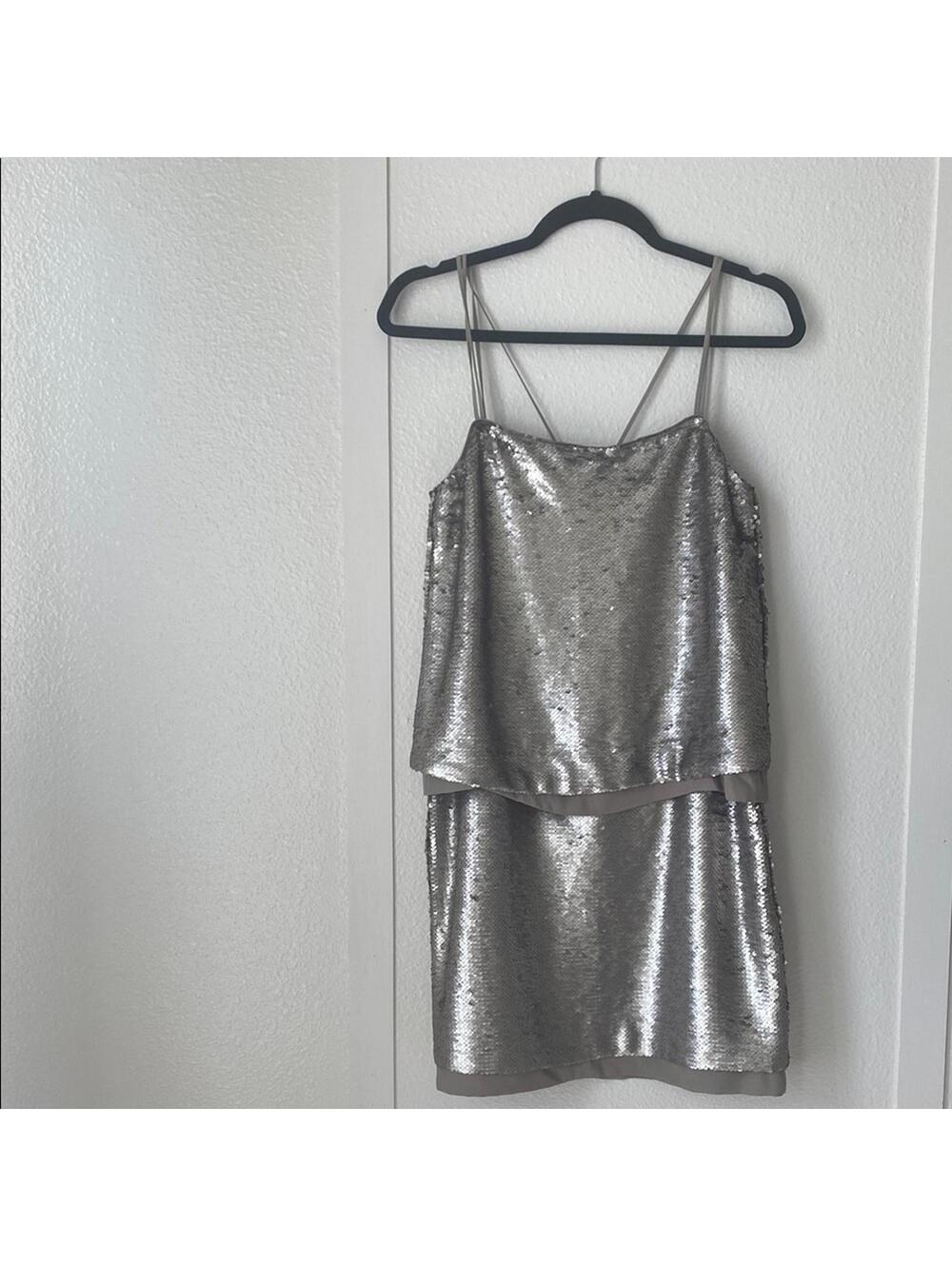 Banana Republic Size 2 Silver Sequin Layered Mini Dress Spaghetti Straps